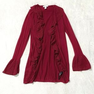 🌹 White House Black Market Retro Red Flare Ruffle Sleeve Midi Long Cardigan M